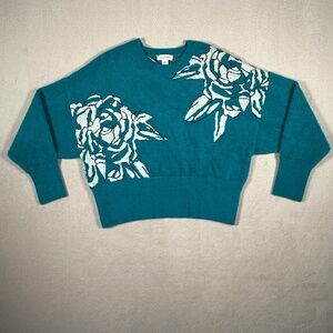 Calligraphie Sweater Womens Medium Teal Floral Warm Soft Fuzzy Dolman Sleeve NWT